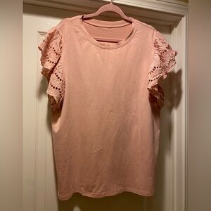 Unknown brand, (maybe Amazon) 2X, blush colored tee with pretty lace sleeves.